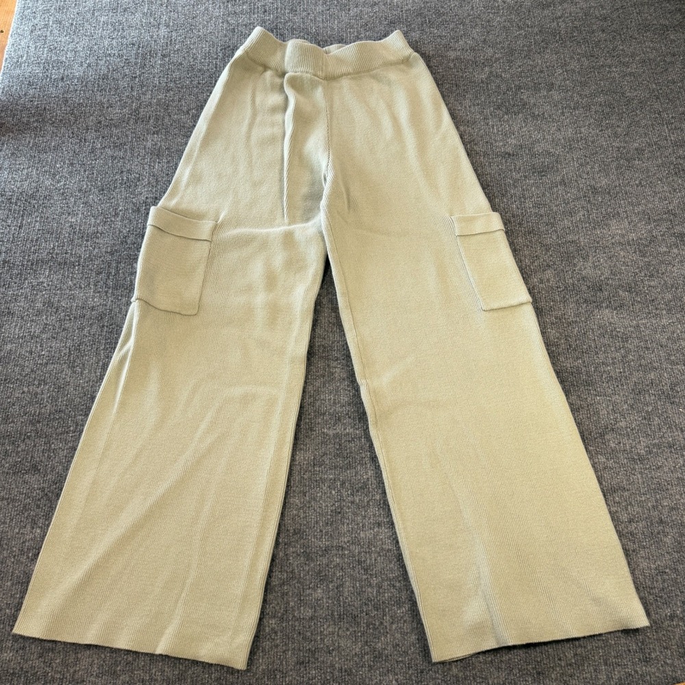 Boho Sincerely Jules Ribbed Knit Cargo Wide Leg Pants Sage Green Size M Indie